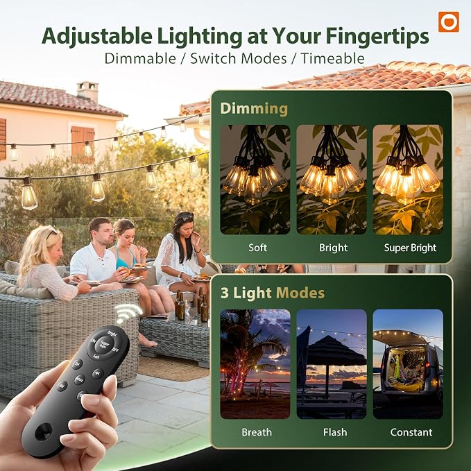 addlon 198FT(192+6) Solar String Lights Outdoor with Remote, Long-Lasting Waterproof Patio Lights, Dimmable & Timable Hanging Solar Light with 60 LED Bulbs for Outside, Yard, Garden, Camping, Gazebo