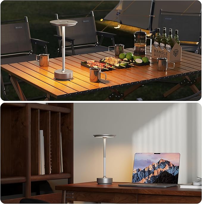 TBBGA 2 Pack Rechargeable Cordless Table Lamps, Portable 5000mAh Battery Table Light, 3 Color Stepless Dimming LED Table Light with Memory Function, for Outdoor/Dinner/Patio/Restaurant.(Silver)