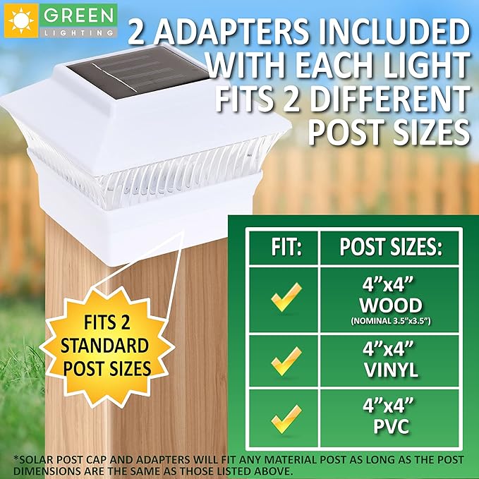 GreenLighting Standard #1 Solar Post Cap Lights Fits 4x4 Nominal Wood, 4x4 PCV/Vinyl Posts, Outdoor Fence Solar Powered Light, Landscaping, Deck, Garden, Includes Flush Mount Adapter White 8 Pack