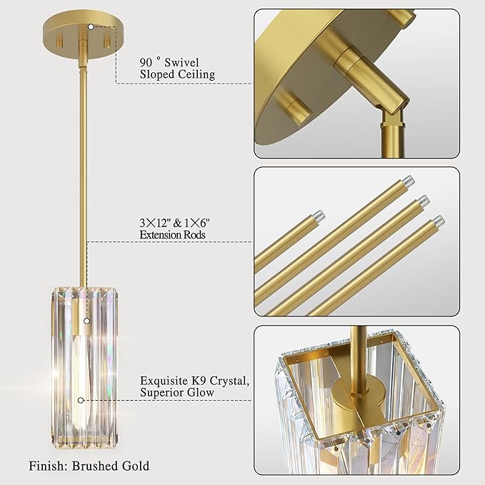 Crystal Pendant Lights for Kitchen Island - 10" Brushed Gold Adjustable Chandelier, Dimmable E26 Hanging Fixture, Modern Lighting for Dining 1pcs