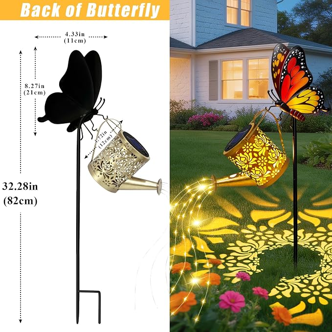 Solar Lights Garden Decor, Mothers Day Gifts, Waterproof Solar Watering Can with Butterfly Garden Stakes, Outdoor Light with Cascading Lights for Outside Patio Porch, Birthday Gift for Women 2 Pack