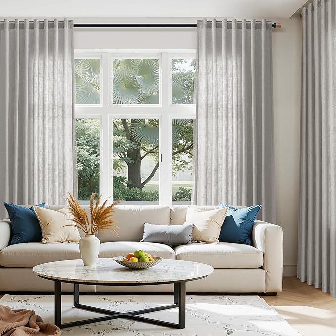 Nanspring Light Gray Linen Curtains 102 Inches Long for Living Room Modern Farmhouse Decor Rod Pocket Back Tab Light Filtering Boho Semi Sheer Grey Curtain for Bedroom 52x102, 2 Panels