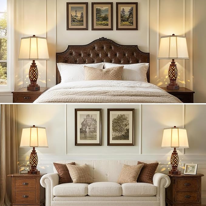 EJIAXIN Bedside Lamps Set of 2-23.5" Vintage Table Lamp with USB A+C and Nightlight - Brown Carved Resin Farmhouse Desk Lamp for Bedrooms, End Tables, Living Room, Bulbs Included