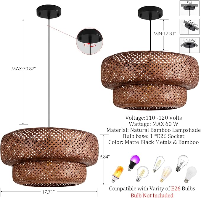 Bamboo Pendant Light,Dark Curry Boho Rattan Hanging Light,17.7" Hand Woven Wicker Chandelier for Kitchen Island for Kitchen Island Dining Bedroom Living Room Restaurants
