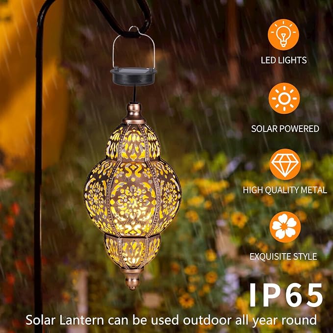 Solar Lanterns,Outdoor Garden Decor Solar Lantern Metal Moroccan Chandelier Gardening Decorative,Outside Hanging Lights Christmas Decorations for Gazebo Patio Yard Tree Ornaments Mother’s Day Gifts