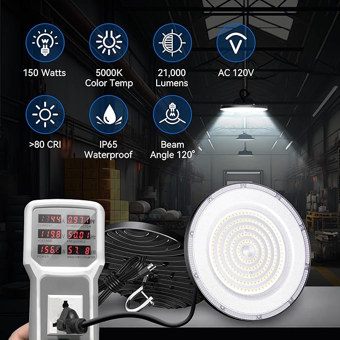 6 Pack UFO Led High Bay Light 150W(600W MH/HPS Equiv.), 21000lm, 5000K High Bay Led Lights with 5' Cable US Hook, IP65 Waterproof Commercial Lighting Fixture for Warehouse Workshop Barn Factory