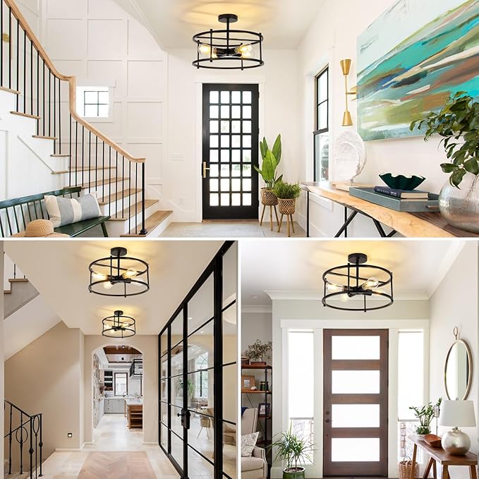 Semi Flush Mount Ceiling Light Fixtures 16.53'' Black Kitchen Light Farmhouse Ceiling Light Fixtures, 4 Light Industrial Semi Ceiling Lights for Bedroom, Dining Room Living Room Hallway