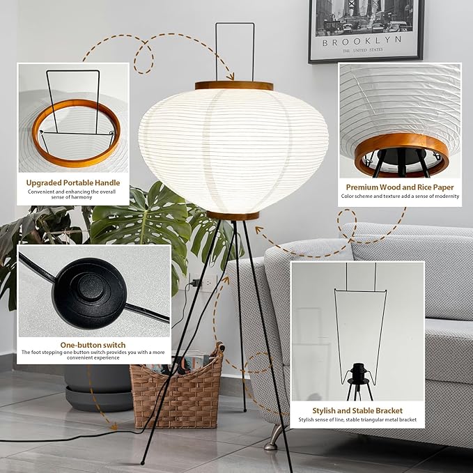 Paper Floor Lamp, Noguchi Rice Paper Lamp for Wabi Sabi Decor, Akari Paper Floor Lamp for Bedroom/Living Room