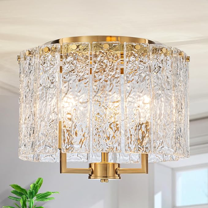 3-Light Modern Ceiling Light for Living Room, Bedroom, Foyer, Kitchen, Close to Ceiling Flushmount Light Fixture, D12.6 x H10.4 in, Handmade Glass Shade & Gold Finish Frame