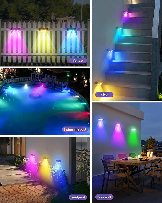 Solar Fence Lights, Outdoor IP65 Waterproof LED, RGB Fence Lights Solar Powered 7 Colors, for Wall, Patio, Deck, Backyard, Garden, Pool, Railing (8 Pack)