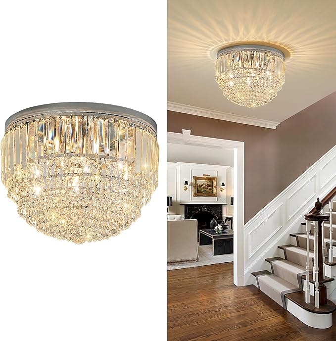 YMP&YZX 5-Lights Crystal Chandelier,15.7" Modern Ceiling Light Fixture Lamp,Flush Mount Round Metal Shade Chandelier E12 Base for Dining Room Living Room Bathroom Bedroom Chrome