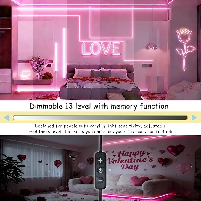 Pink Led Lights Strip Valentines Galentines Day Decor Rope Lights Easy DIY Princess Bedroom Cuttable Strip Lights for Baby Room Bathroom Living Room Kitchen Ceiling Wall Vanity Mirror Decoration