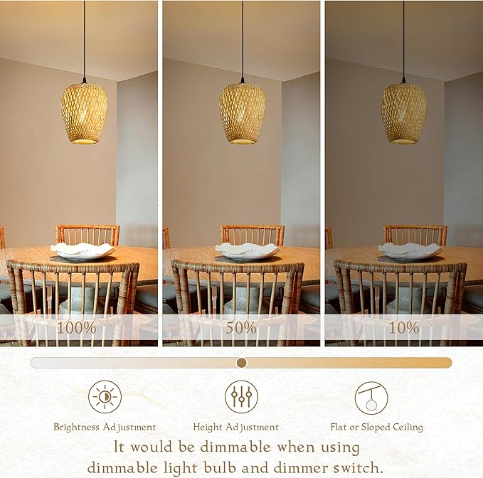 Wicker Pendant Lights Bamboo Pendants Light Boho Chandelier Rattan Pendant Wicker Light Fixture Woven Pendants Lights for Kitchen Island Living Room Dining Room (Bulb Incl.)