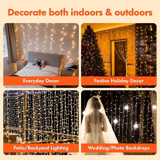 Twinkle Star 300 LED Window Fairy Curtain String Lights, 8 Modes Fairy Lights for Bedroom Wedding Party Home Garden Outdoor Indoor Wall Decorations, Warm White, 2 Pack