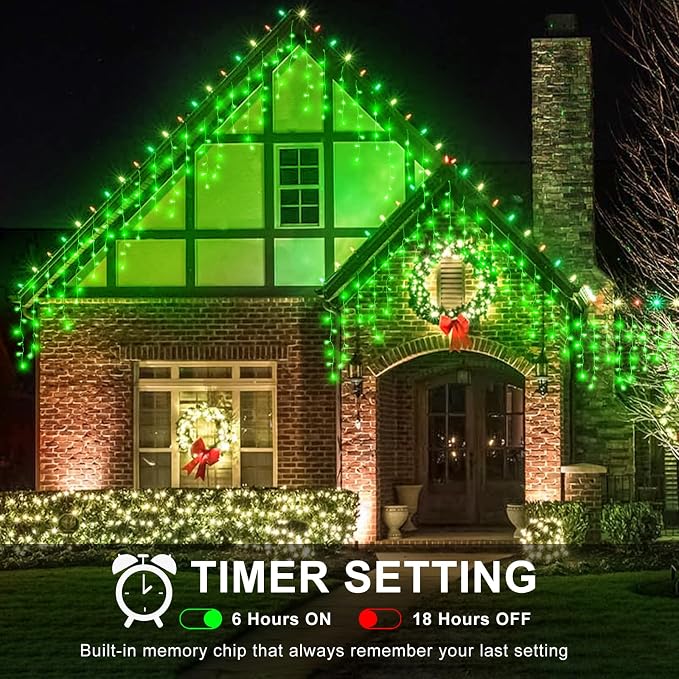 Icicle Lights for Outside - 33FT 400 LED Icicle Christmas Lights Outdoor with 75 Drops 8 Modes, Waterproof Connectable Curtain Hanging Lights for Indoor Eaves Patio Party Halloween Decorations, Green