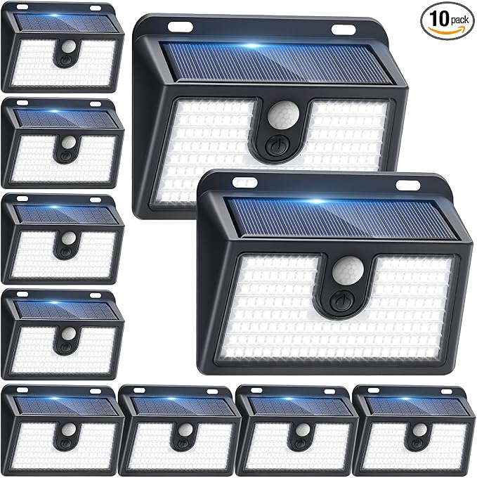 [10 Packs] Solar Motion Sensor Outdoor Lights, Super Bright Solar Lights Outdoor Waterproof, 3 Lighting Modes Security Wall Light for Outside Walking Dog Fence Backyard Deck Garden Door Step Garage