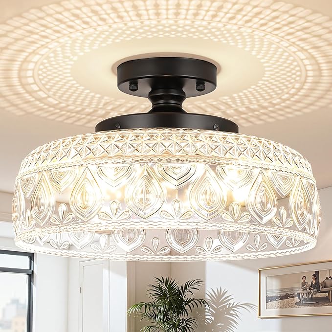 SunRider Semi Flush Mount Ceiling Light Fixture, Modern 3-Light Globe Glass Ceiling Light, Black Vintage Pendant Lamp for Kitchen Hallway Entryway, Bulbs Not Included