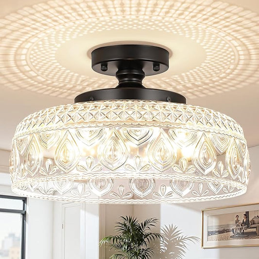 SunRider Semi Flush Mount Ceiling Light Fixture, Modern 3-Light Globe Glass Ceiling Light, Black Vintage Pendant Lamp for Kitchen Hallway Entryway, Bulbs Not Included