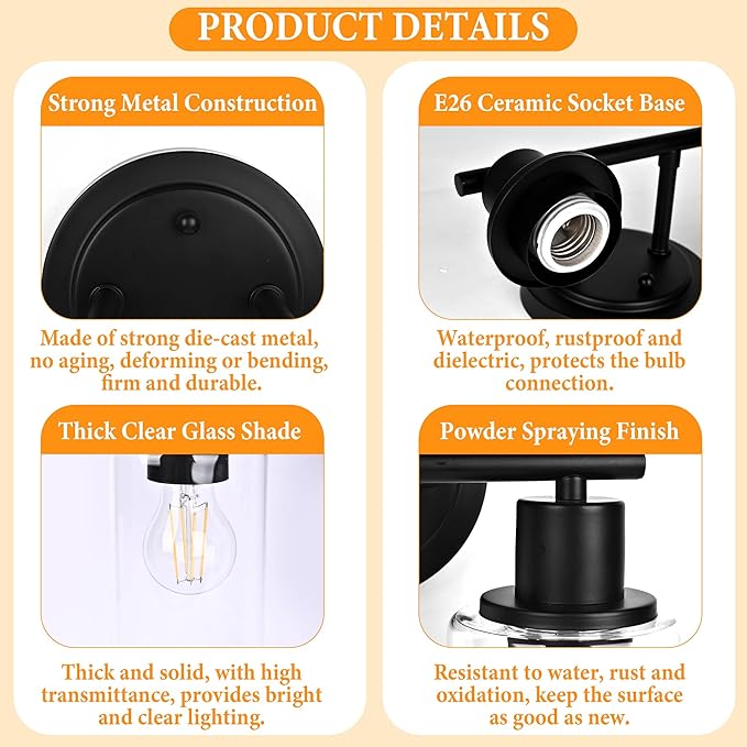 2-Light Bathroom Vanity Light Fixture Black Two Bulb Vanity Bathroom Lights Over Mirror, 2-Light Black Wall Sconce Over Sink