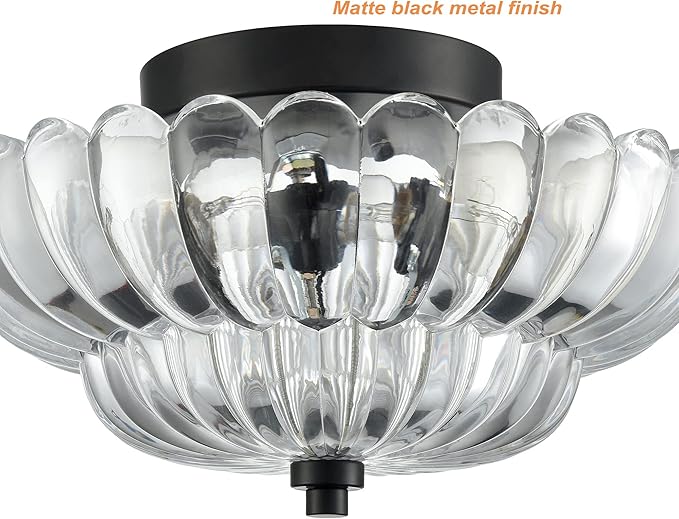 HYDELITE Modern Black Ceiling Light Traditional Semi Flush Mount Ceiling Light with Scalloped Clear Glass for Living Room Hallway Close to Ceiling Light Fixture