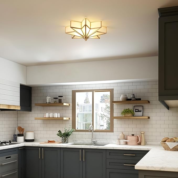 Brass Flush Mount Ceiling Light with Ceramic Light Socket, Star Shaped Ceiling Light Fixture, Mid Century Glass Ceiling Mount Lamp for Entryway, Hallway, Nursery (15.7")