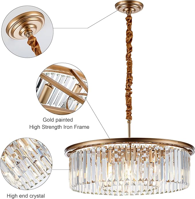 23" Gold Crystal Chandelier 8-Light Modern Crystal Pendant Ceiling Light 2-Rings Luxury Chandeliers,for Dining Room Kitchen Island Living Room Bedroom