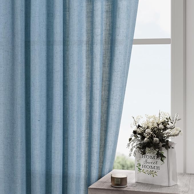 Nanspring Blue Extra Long Curtain 102 inches Long 2 Panels Set for Living Room Back Tab Modern Farmhouse Coastal Decor Cotton Textured Dusty Blue Sheer Linen Curtains for High Window 52x102
