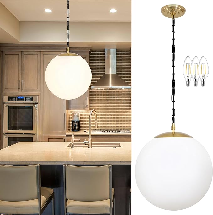 KoKo&Yukina 14" Gold Globe Pendant Light Mid Century Pendant Light Milk Glass Pendant Lights Kitchen Island Adjustable Hanging Light Fixture for Dining Room Bedroom Kitchen Islan