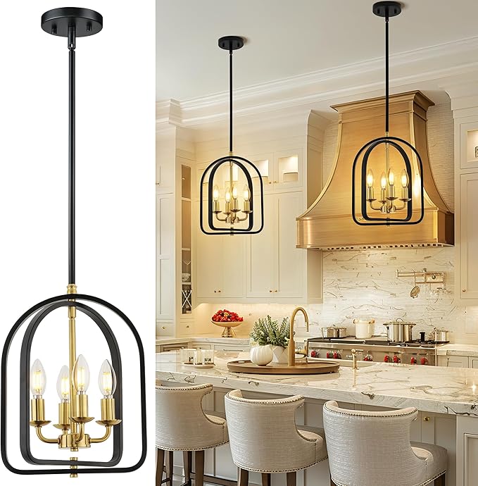 Beionxii 4-Light Farmhouse Entryway Light Fixture, 11" Pendant Lights Kitchen Island, Farmhouse Industrial Pendant Lights Kitchen Island with Rods for Kitchen Dining Room Entryway Stairway, BX-PL04BKG