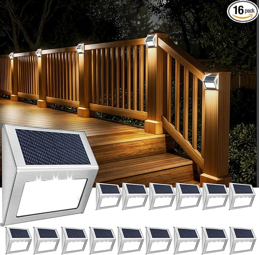 JSOT Solar Stair Lights Outdoor - 16 Pack Fence Lights Solar Powered-Waterproof Stainless Steel Step Light for Walkway Patio Garden Backyard - Cool White