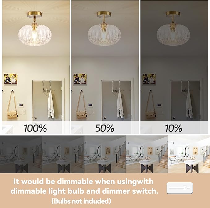 Bagood Gold Semi Flush Mount Ceiling Light Fixture Vintage Ceiling Light Fixture Farmhouse Globe Glass Mid Century Textured Glass Hallway Fixture for Bathroom Entryway (Bulb Incl.)