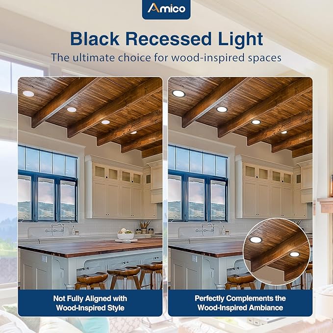 Amico 12 Pack 4 Inch 5CCT Ultra-Thin LED Recessed Ceiling Light with J-Box, 2700K/3000K/3500K/4000K/5000K Selectable, 11W Eqv 70W, Dimmable Canless Downlight, 800LM High Brightness, Black - ETL