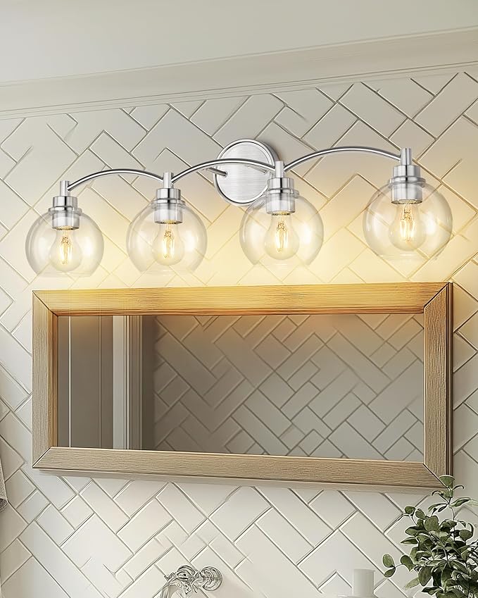 4-Light Bathroom Light Fixture, Brushed Nickel Vanity Light Over Mirror, Globe Glass Wall Sconce, VL02BN-4