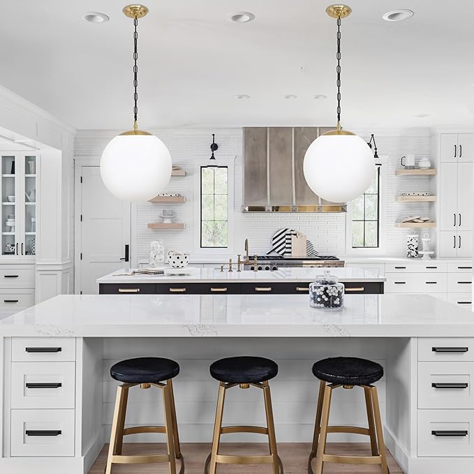 KoKo&Yukina 14" Gold Globe Pendant Light Mid Century Pendant Light Milk Glass Pendant Lights Kitchen Island Adjustable Hanging Light Fixture for Dining Room Bedroom Kitchen Islan