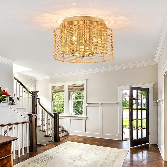 hesoge Boho Rattan Semi Flush Mount Ceiling Light Vintage Gold Ceiling Light Fixture 4 Light Round Chandelire for Farmhouse Bedroom Entryway Kitchen Foyer Dining Room