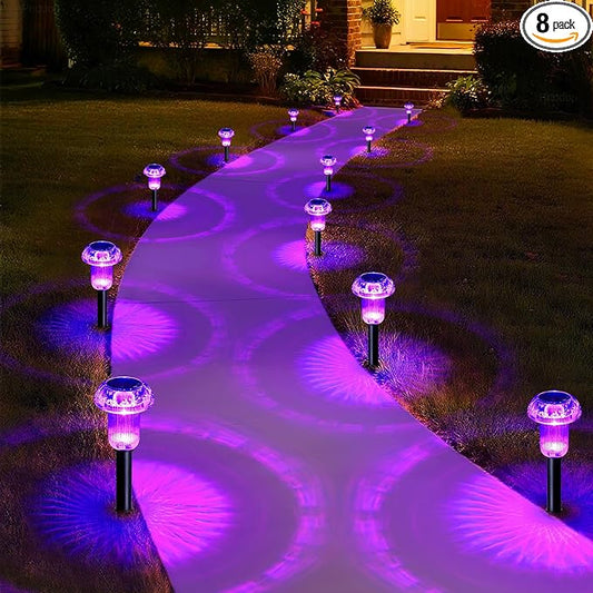 Priddop Solar Halloween Lights Outdoor Waterproof 8Pack Purple LED Mushroom | Yard Pathway Garden Decorative Patio Landscape Path Walkway Spike Pattern Acrylic Cap ABS Stake Outside Halloween Decor