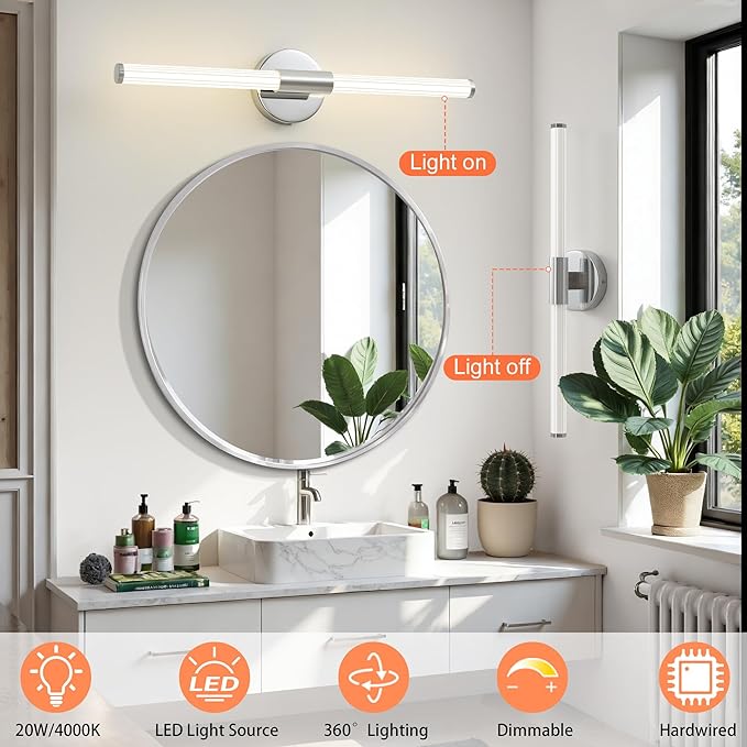 Bathroom Vanity Lights Chrome Dimmable LED 360° Full Lighting Bathroom Light Fixtures Over Mirror 24 inch Vanity Light Bar Hardwired Modern Wall Sconce 4000K Light for Bedroom Living Room