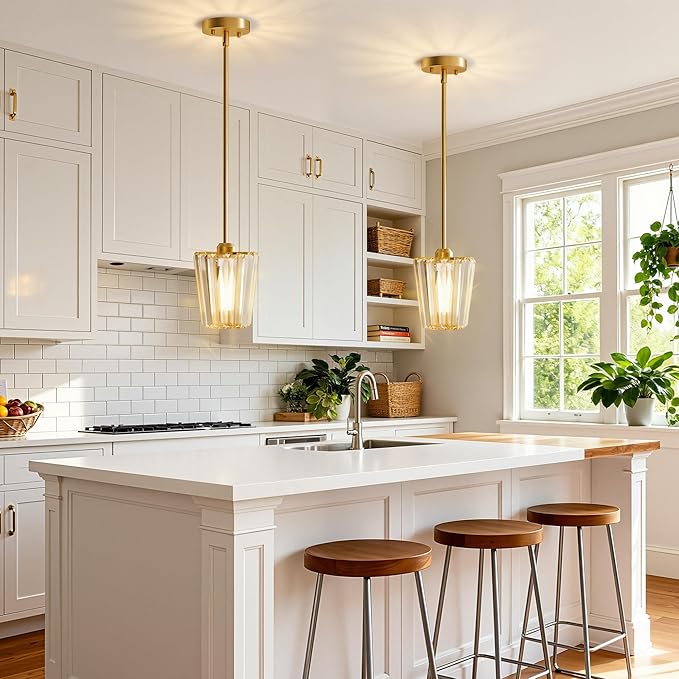 Crystal Pendant Lights Kitchen Island 2 Pack, Modern Gold Pendant Light Fixtures Mini Adjustable Chandeliers for Kitchen Island Dinning Room Bedroom Hallway with E26 Base (Bulbs Not Included)