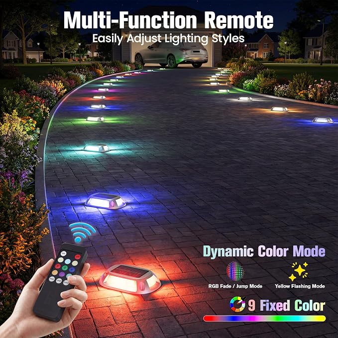 VOLISUN Solar Driveway Lights with Remote 8 Pack, 9 Colors in 1 Led IP67 Waterproof Outdoor Warning Dock Deck Lights for Driveway Sidewalk Pathway Step RGB (9colors, 8pack)