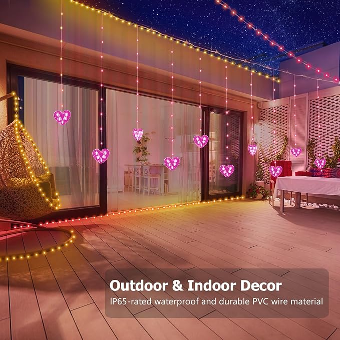 Heart Curtain Lights Valentines Day Decor, 10ft x 3.3ft RGB LED Color Changing String Fairy Lights Curtain, 200+ Scene Modes for Valentines Day Decorations Bedroom Backdrop Indoor Outdoor