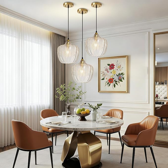 Modern Gold Pendant Light, Clear Glass Farmhouse Kitchen Island Pendant Light Fixture Adjustable Vintage Hanging Ceiling Light for Dining Room Corridor 9.45 inch 1 Pack, UL Certification
