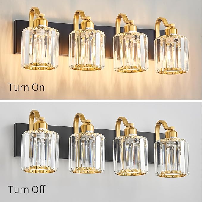 4 Light Crystal Vanity Lights for Bathroom, Modern Matte Black and Gold Wall Lighting Fixtures with Crystal Round Shade Over Mirror (Exclude Bulb)