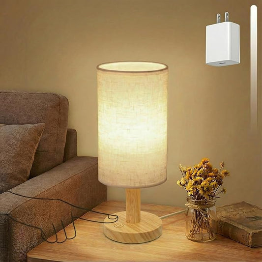 Touch Bedside Table Lamp with USB Powered,Stepless Dimming 2700K Warm Night Light, Minimalist Wood Base Linen Shade,Boho Nightstand Lamp for Bedroom Nursery Dorm Kitchen Small Spaces (5W LED 50K Hrs)