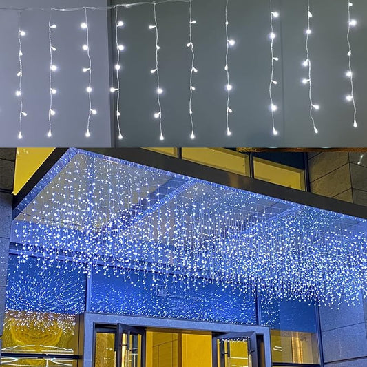 ZIMINGU Icicle Dripping Lights, 13FT 144 LEDs 8 Modes Christmas Connectable Twinkle Window Curtain Fairy Waterfall Diwali Ceiling String Lights for Outdoor Indoor Decorations (Cool White, 4X0.6M)