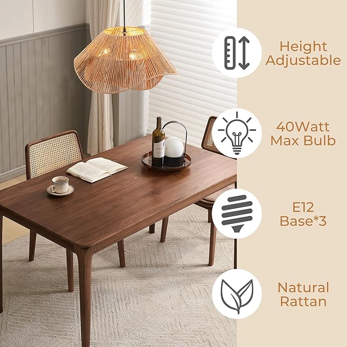 LumStory 19.7” Rattan Pendant Light Fixture Boho Farmhouse Woven Rattan Chandelier for Dining Room, 3-Light Large Bohemian Rustic Wicker Ceiling Hanging Lamp Over Table for Kitchen Island, Living Room