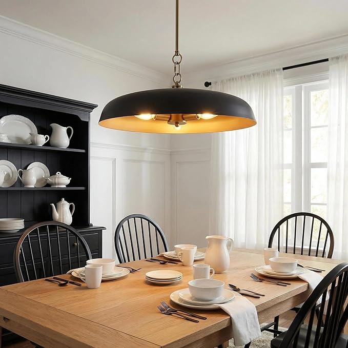 Oversized Large Pendant Lights 20 Inch, 3-Lights Black and Gold Metal Dome Chandelier, Industrial Pendant Lights Kitchen Island Ceiling Hanging Light for Dining Room Over Table, Bar, Cafe