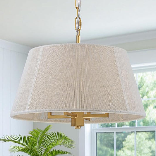 15.75" Gold Drum Pendant Light, 4-Light Rattan Chandelier Large Pendant Light Fixtures for Dining Room Kitchen Island Living Room Foyer Entryway Bedroom, Adjustable Chain