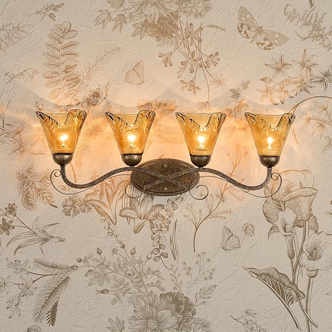 VitaLink 4-Light Bathroom Vanity Light 29.5" Rustic Amber Glass Wall Sconces for Bathroom Over Vanity Mirror Wall Lamp for Living Room Hallway E26