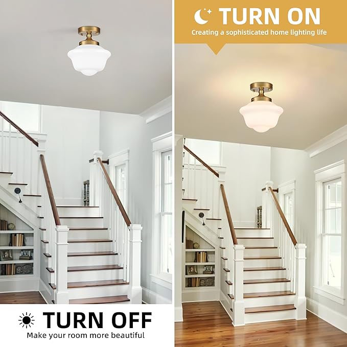 Bagood 8" Gold Schoolhouse Lights Fixture Schoolhouse Light Fixtures Ceiling Mid Century Lights Fixture Milk Glass Fixtures Semi Flush Mount Ceiling Light for Bathroom Kitchen (Bulb Incl.)