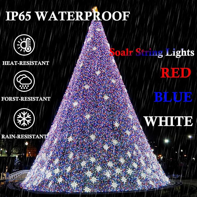 4th of July Red White and Blue Solar String Lights Outdoor, 2 Pack 80FT 200 LED Solar Fairy Lights for Independence Day Decor, Outdoor Twinkle Lights Waterproof with 8 Modes, Garden Yard